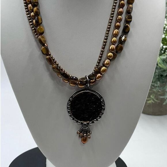 SILPADA Tiger's Eye Bronze Pearl Sterling Silver Necklace N1838 Strand
Disk - Picture 2 of 16